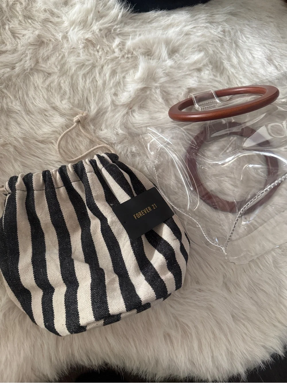 Clear Tote Bag with Black & White Striped Canvas Pouch Forever21 NWT